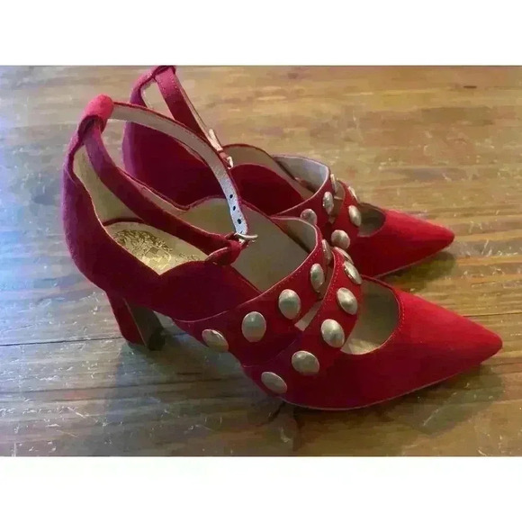 NWOT Vince Camuto Red Ankle Strap Leather Studded Krellen Stiletto,sz 5.5 - Picture 3 of 7
